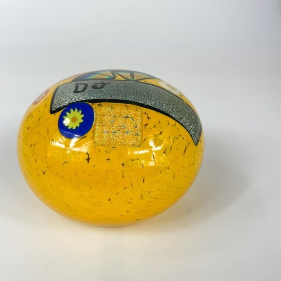 Handcrafted Yellow Glass Paperweight By Mad Art Studios With DJ Design & Colorfu - Picture 2 of 7
